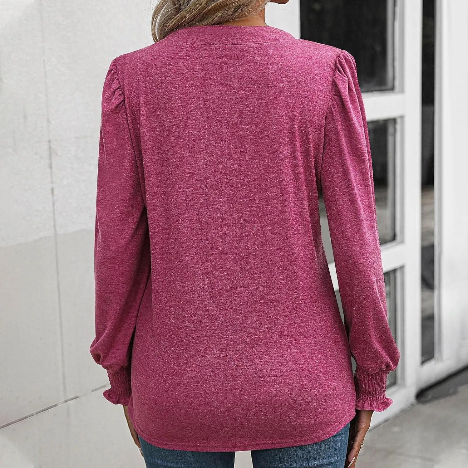 Casual Tunic Tops Women's Loose V Neck Ruffle Long Lantern Sleeve Blouse Solid Color Front Pleated Tee Shirt Fall