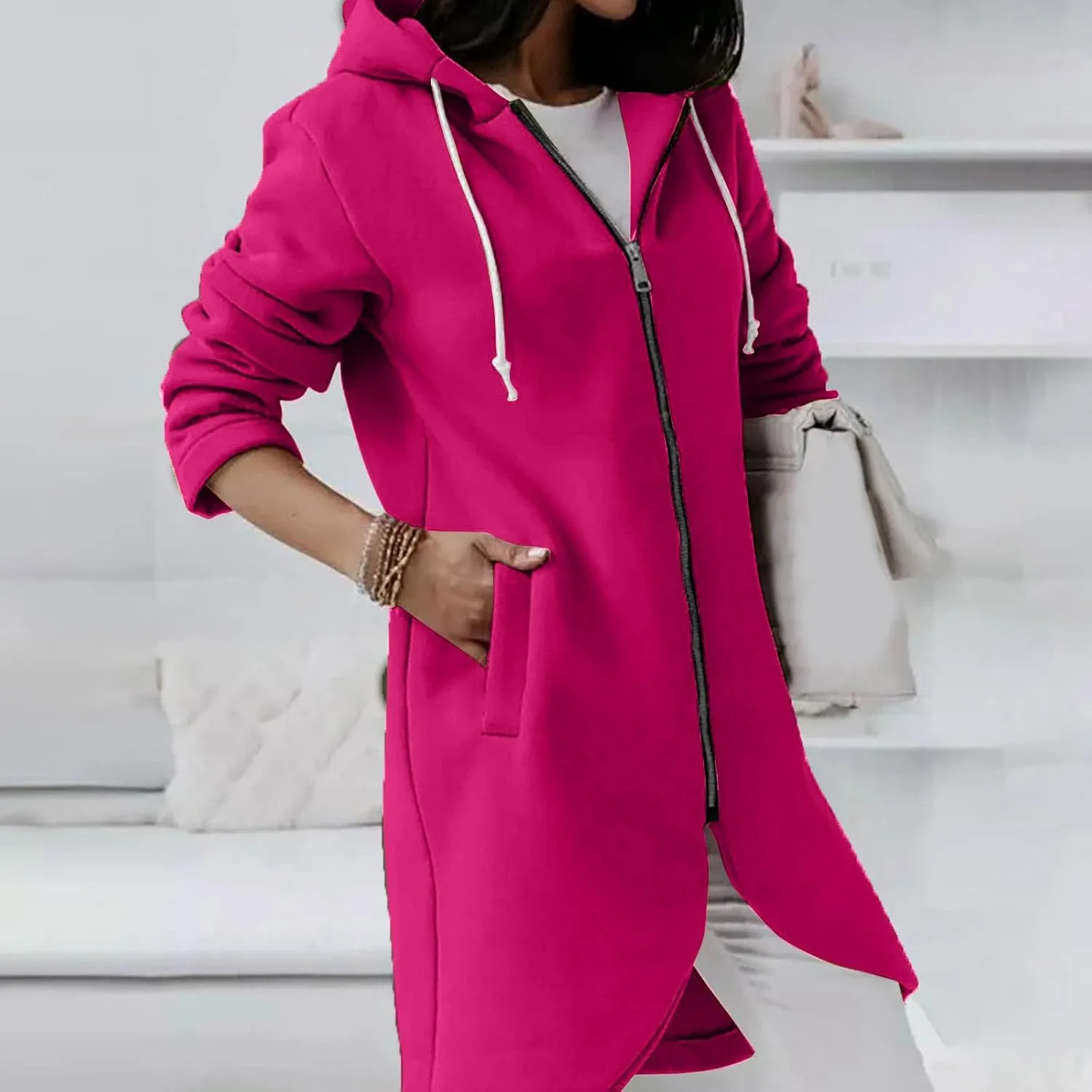 Ceboyel Women Zip Up Hoodies Zipper Long Hooded Jackets Solid Casual Tunic Sweatshirt Trendy Winter Outfits Clothes 2023