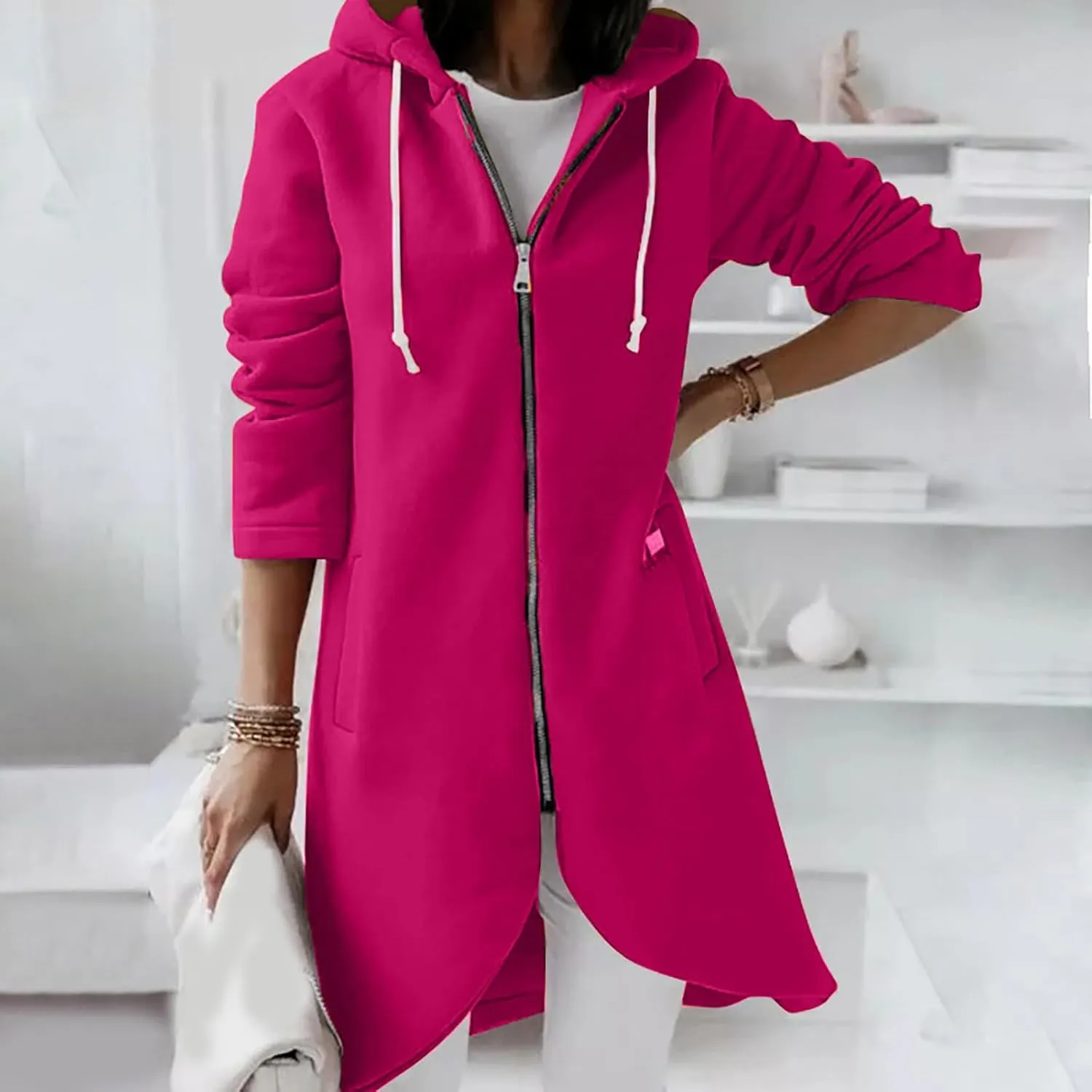 Ceboyel Women Zip Up Hoodies Zipper Long Hooded Jackets Solid Casual Tunic Sweatshirt Trendy Winter Outfits Clothes 2023