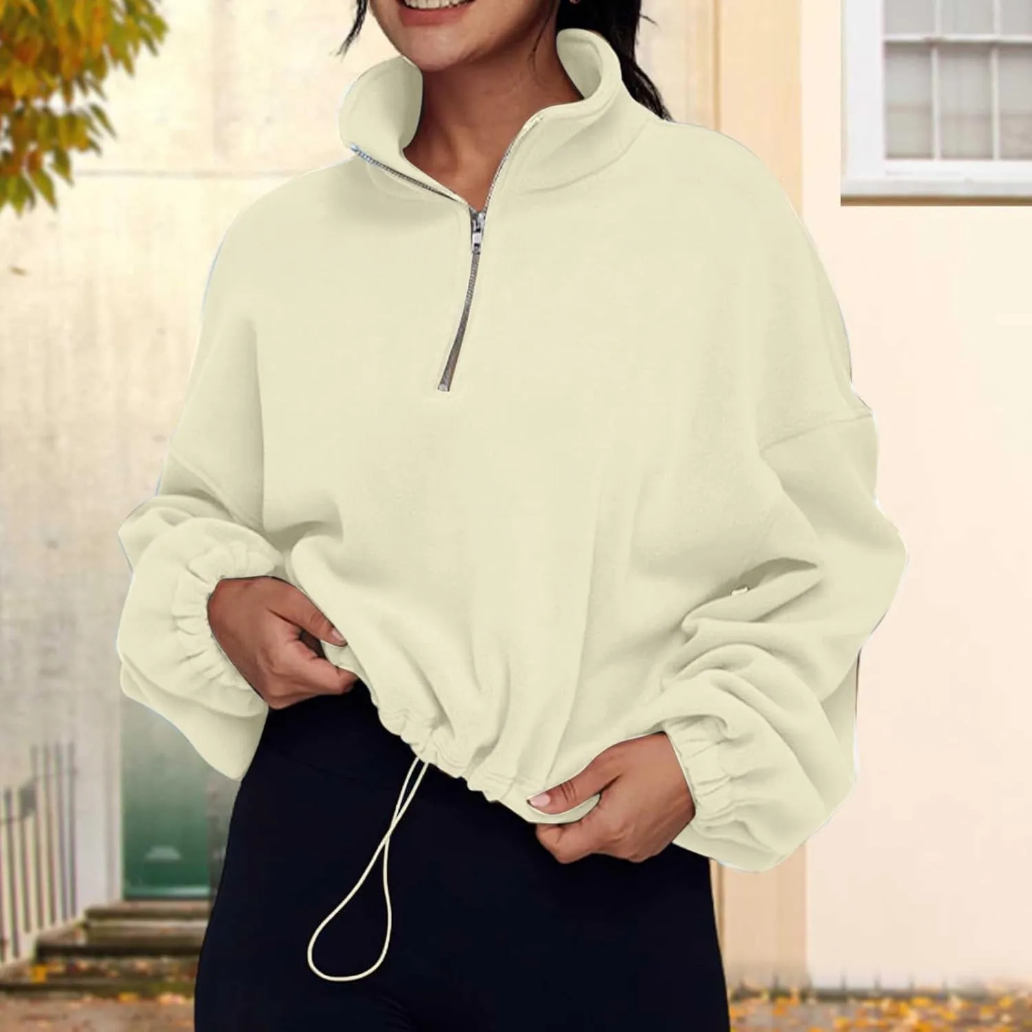Ceboyel Womens Oversized Sweatshirt 2023 Half Zip Pullover Sweaters Drawstring Cropped Hoodie Trendy Y2K Teen Girls Clothes