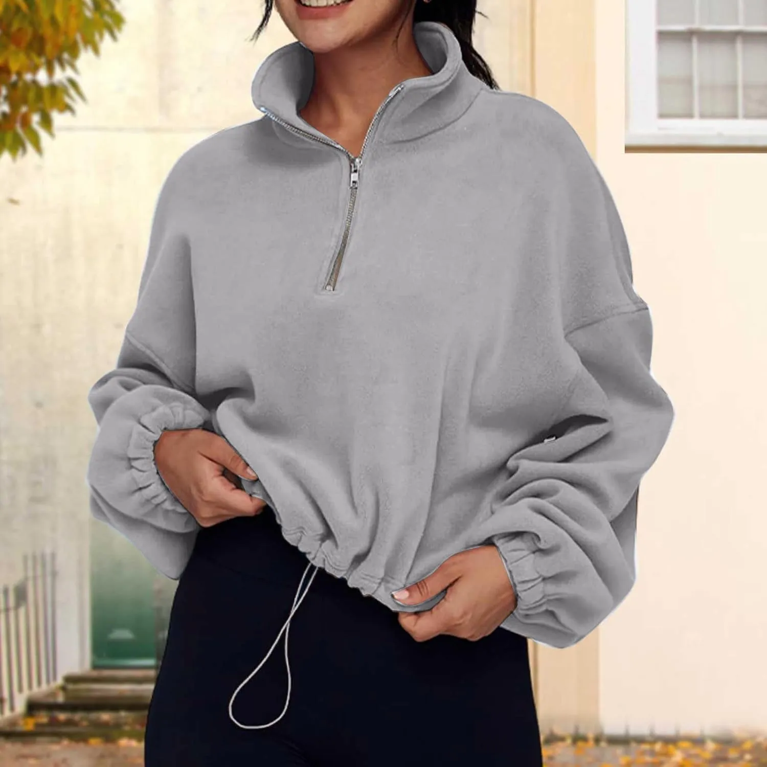 Ceboyel Womens Oversized Sweatshirt 2023 Half Zip Pullover Sweaters Drawstring Cropped Hoodie Trendy Y2K Teen Girls Clothes
