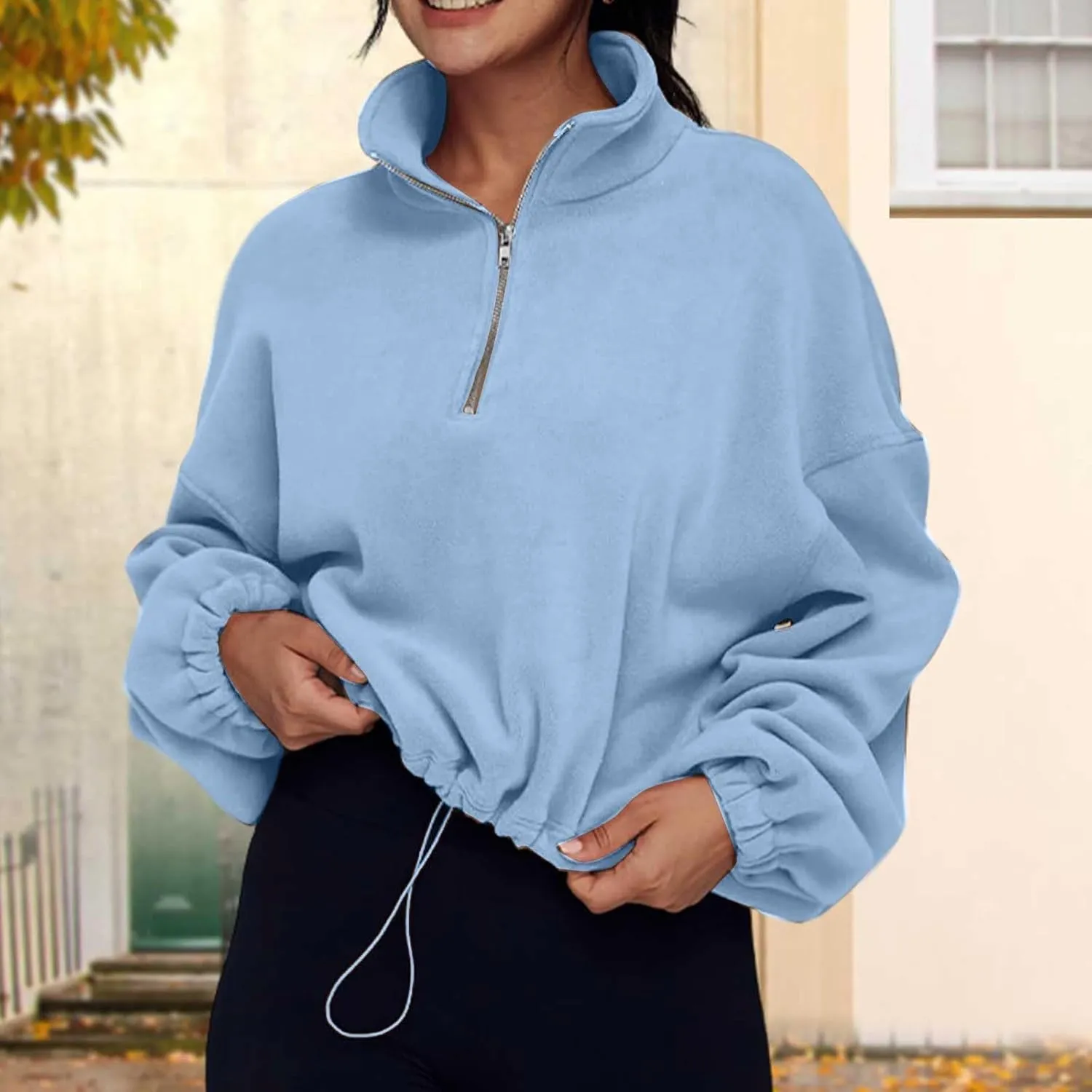 Ceboyel Womens Oversized Sweatshirt 2023 Half Zip Pullover Sweaters Drawstring Cropped Hoodie Trendy Y2K Teen Girls Clothes