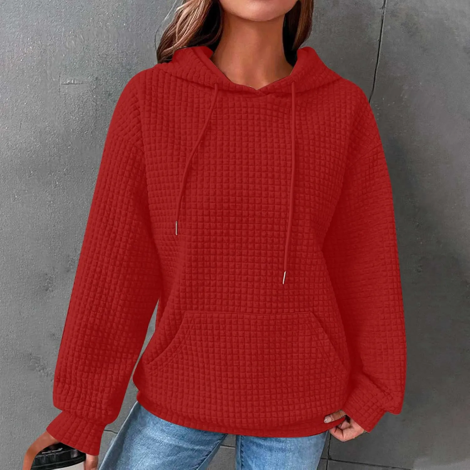 Ceboyel Womens Solid Color Cute Hoodie 2023 Waffle Knit Sweatshirts Comfort Sweater Tops Teen Girls Trendy Clothes 2023