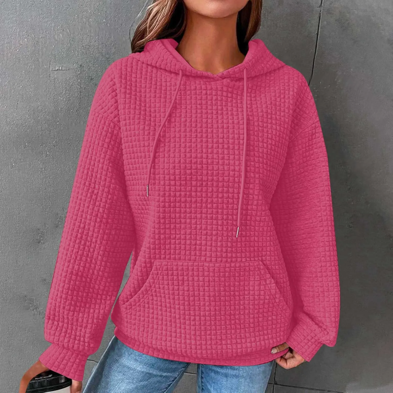 Ceboyel Womens Solid Color Cute Hoodie 2023 Waffle Knit Sweatshirts Comfort Sweater Tops Teen Girls Trendy Clothes 2023