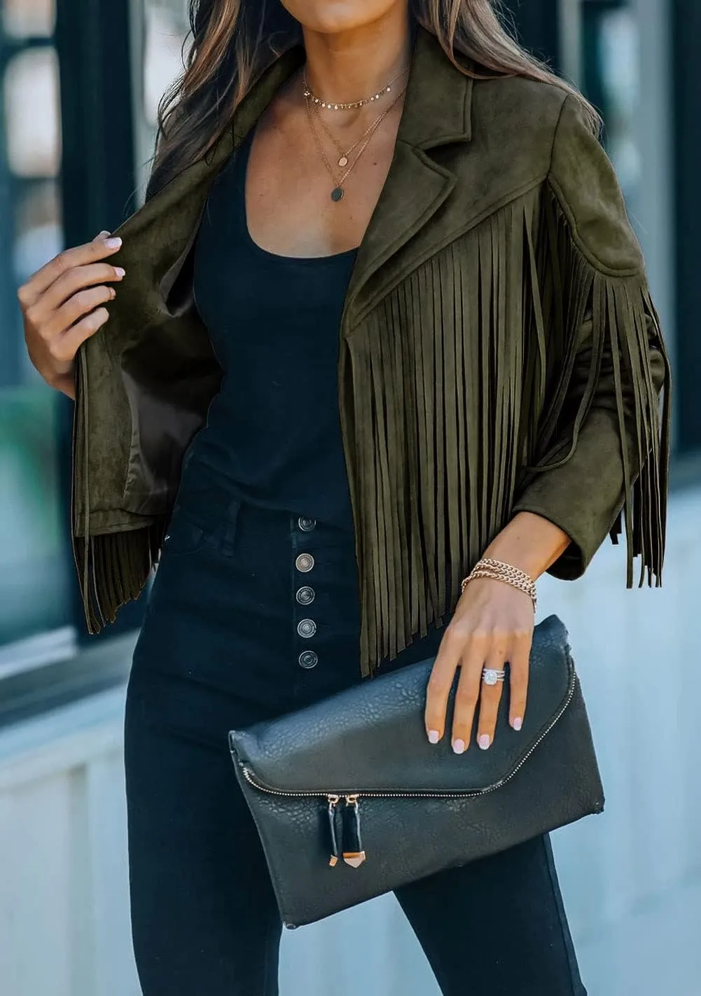 CHARTOU Casual Faux Leather Jacket Women Motorcycle Jacket Fringe Cropped Jacket Utility Tassel Suede Moto Jacket