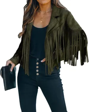 CHARTOU Casual Faux Leather Jacket Women Motorcycle Jacket Fringe Cropped Jacket Utility Tassel Suede Moto Jacket