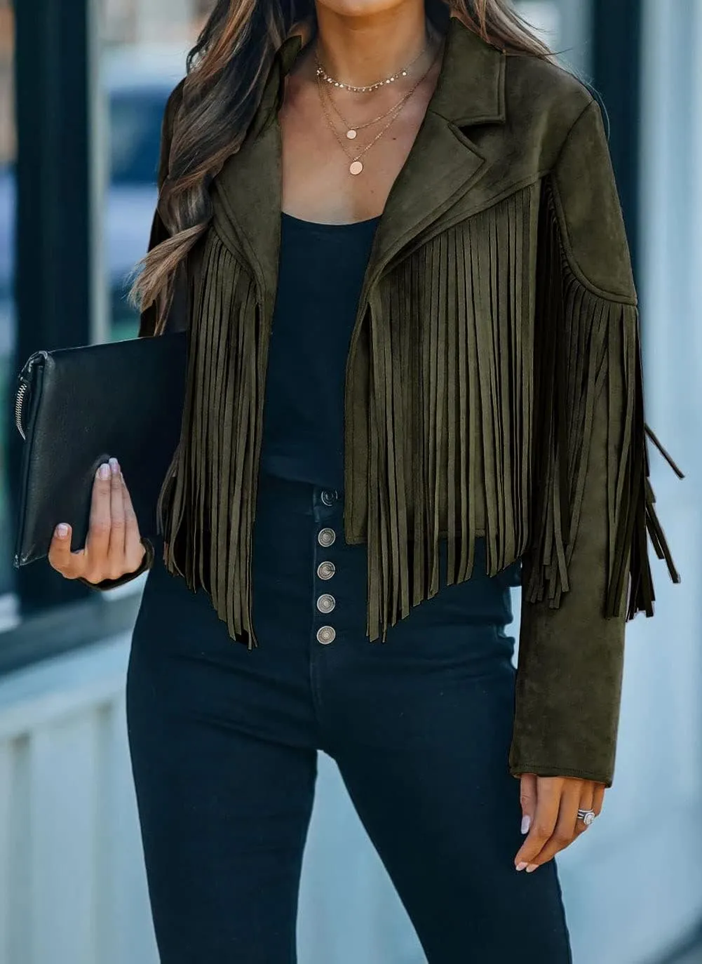 CHARTOU Casual Faux Leather Jacket Women Motorcycle Jacket Fringe Cropped Jacket Utility Tassel Suede Moto Jacket