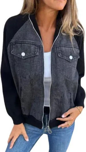 CHARTOU Women Bomber Jacket Zip Up Denim Patchwork Varsity Baseball Denim Jacket