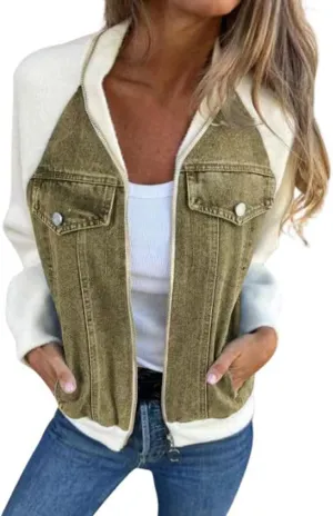 CHARTOU Women Bomber Jacket Zip Up Denim Patchwork Varsity Baseball Denim Jacket