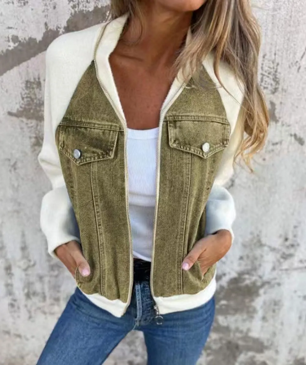 CHARTOU Women Bomber Jacket Zip Up Denim Patchwork Varsity Baseball Denim Jacket