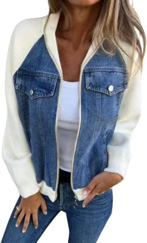 CHARTOU Women Bomber Jacket Zip Up Denim Patchwork Varsity Baseball Denim Jacket