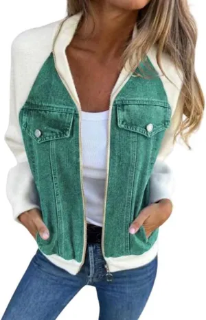 CHARTOU Women Bomber Jacket Zip Up Denim Patchwork Varsity Baseball Denim Jacket
