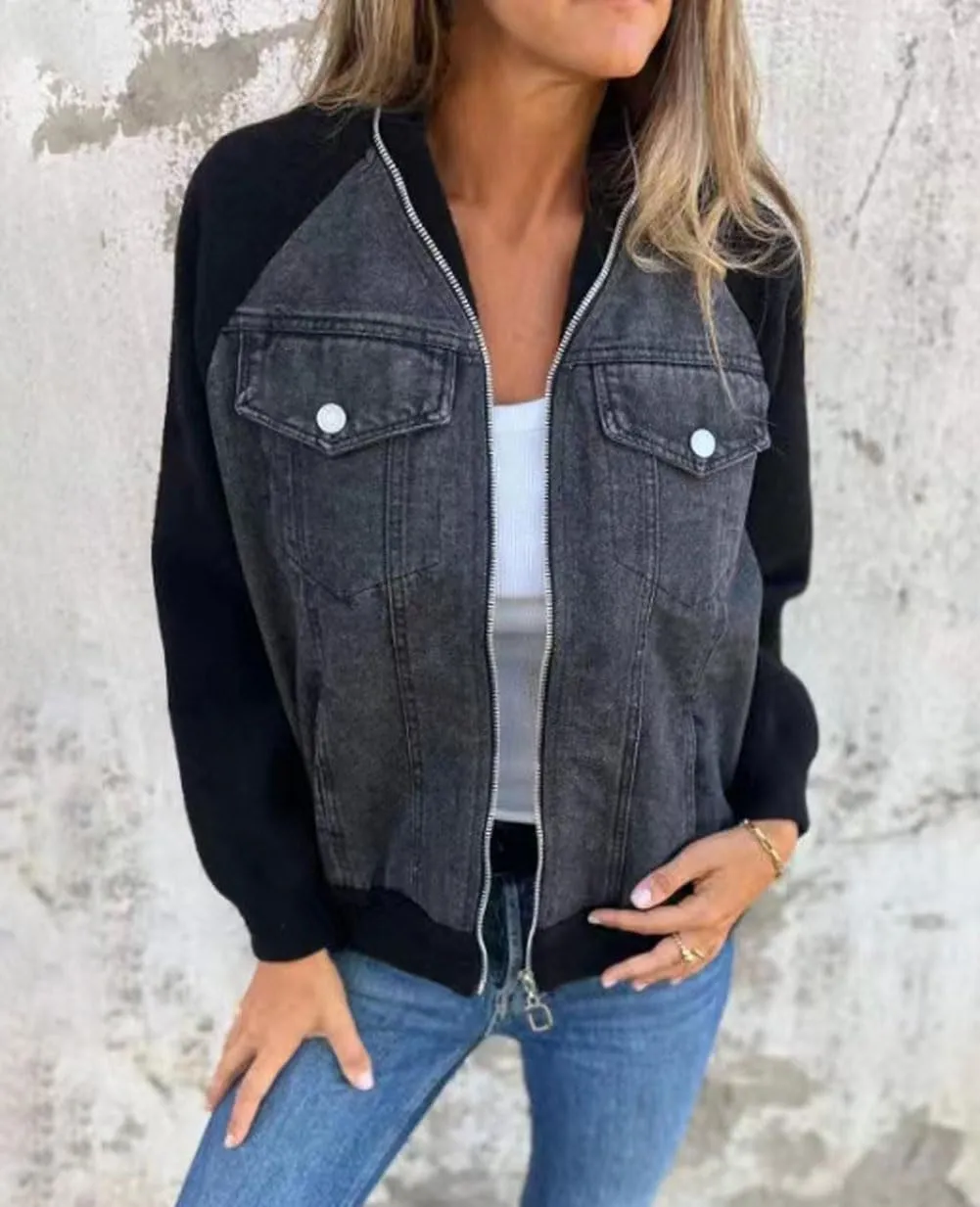 CHARTOU Women Bomber Jacket Zip Up Denim Patchwork Varsity Baseball Denim Jacket