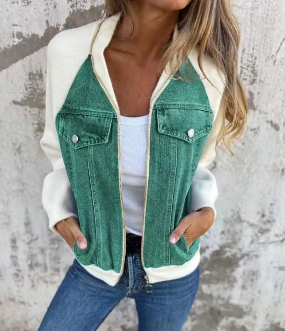 CHARTOU Women Bomber Jacket Zip Up Denim Patchwork Varsity Baseball Denim Jacket