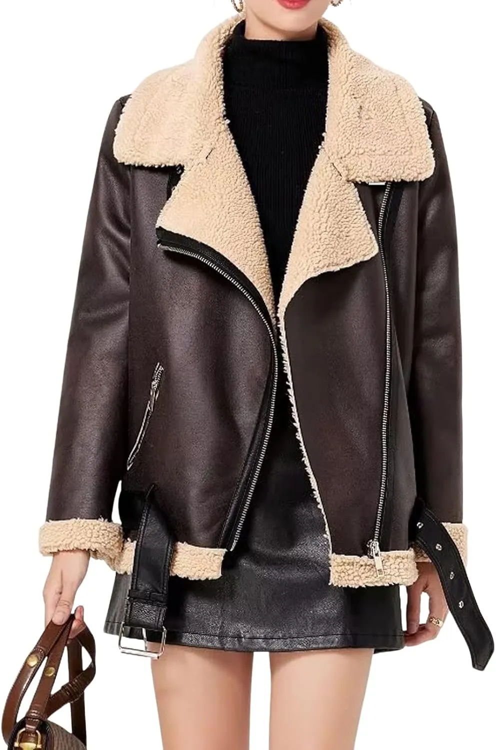 CHARTOU Women Faux Leather Jacket Fur Lined Winter Coat Warm Zip Up Notched Collar Moto Bomber Jacket