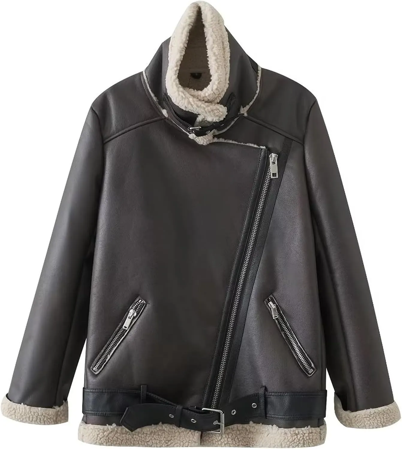 CHARTOU Women Faux Leather Jacket Fur Lined Winter Coat Warm Zip Up Notched Collar Moto Bomber Jacket