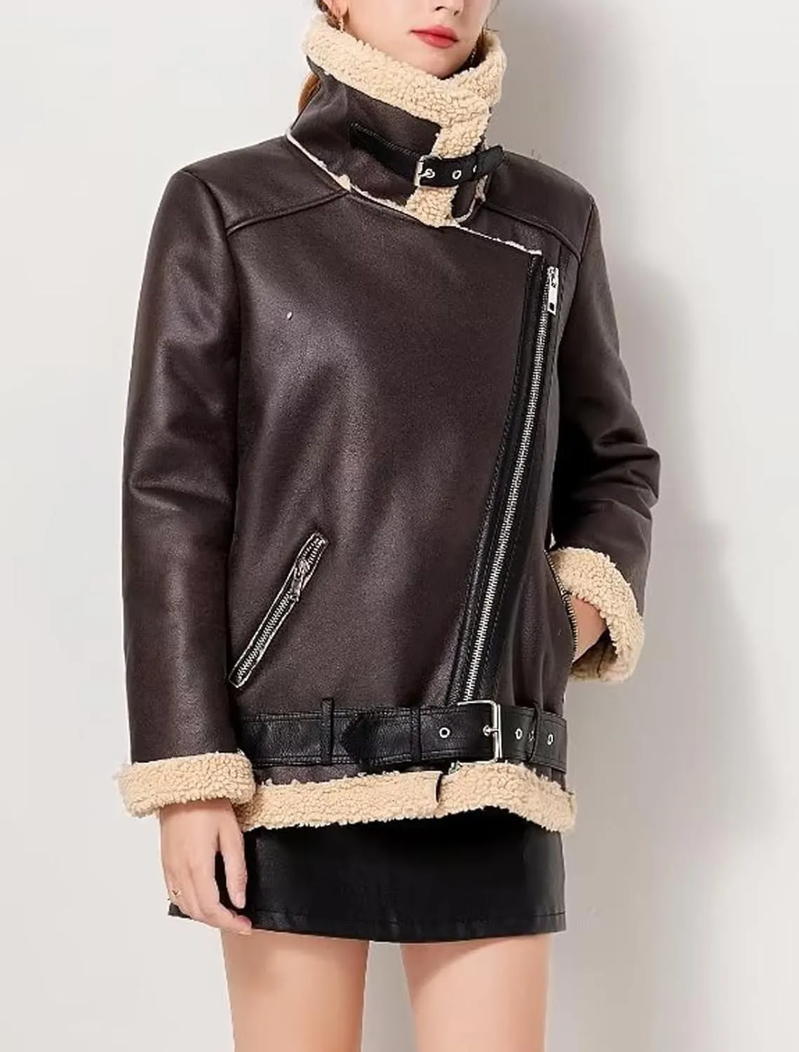 CHARTOU Women Faux Leather Jacket Fur Lined Winter Coat Warm Zip Up Notched Collar Moto Bomber Jacket