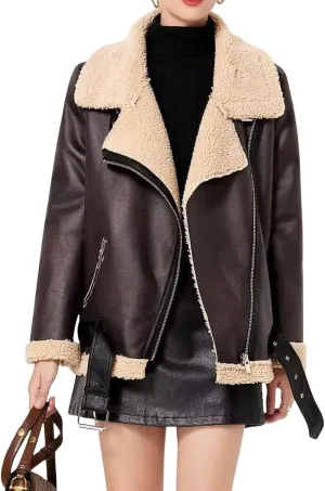 CHARTOU Women Faux Leather Jacket Fur Lined Winter Coat Warm Zip Up Notched Collar Moto Bomber Jacket