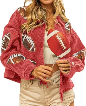CHARTOU Women Vintage Distressed Cropped Corduroy Jacket Oversized Frayed Rugby Sequin Short Shacket Jacket