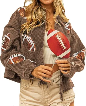 CHARTOU Women Vintage Distressed Cropped Corduroy Jacket Oversized Frayed Rugby Sequin Short Shacket Jacket