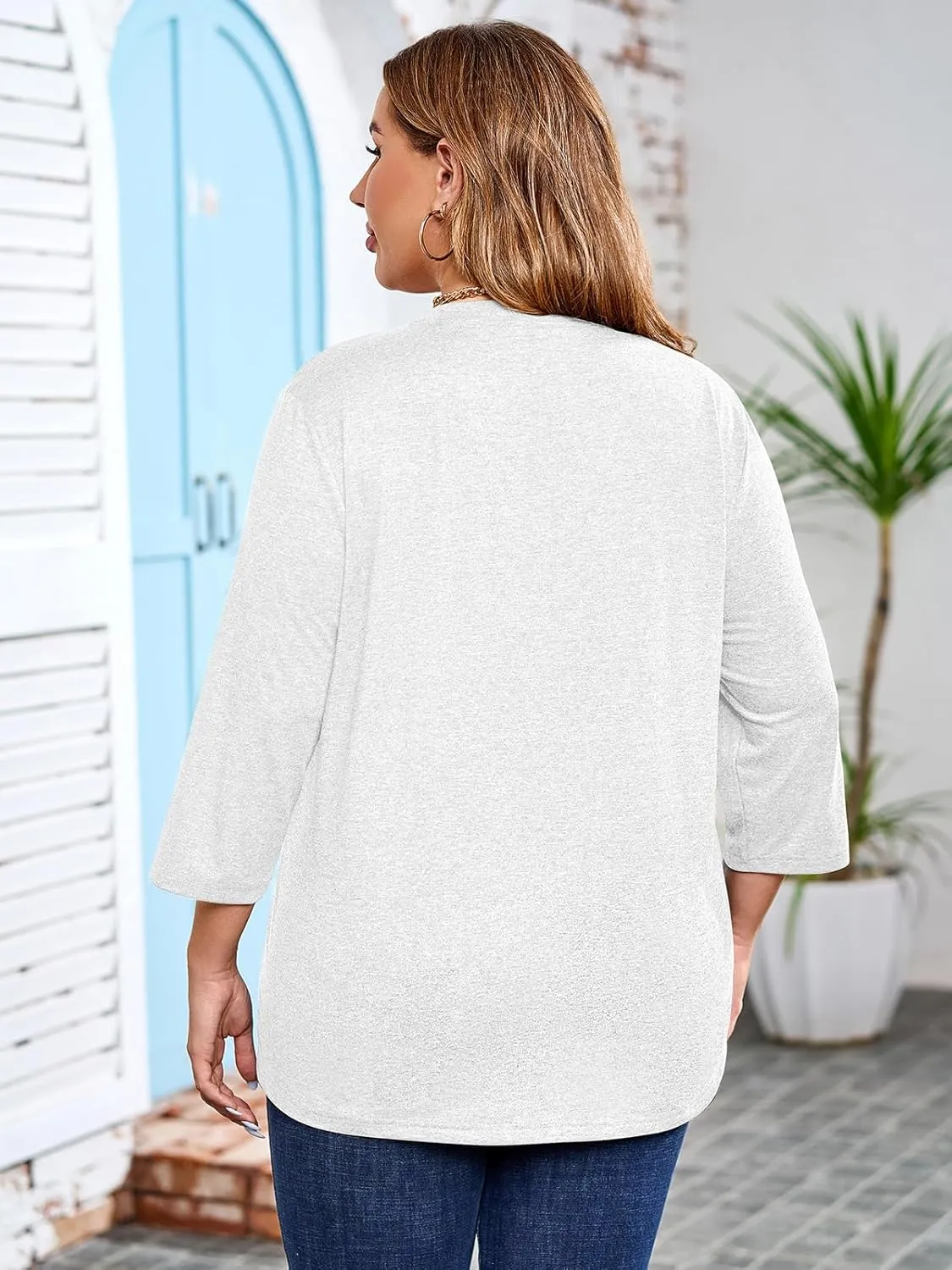 Chulianyouhuo Womens Plus Size 3/4 Sleeve Tops Casual V Neck Button Tee Shirts Basic Loose Fit Tunic Blouse