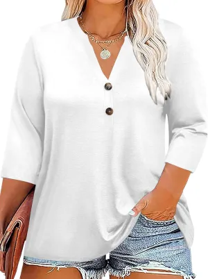 Chulianyouhuo Womens Plus Size 3/4 Sleeve Tops Casual V Neck Button Tee Shirts Basic Loose Fit Tunic Blouse