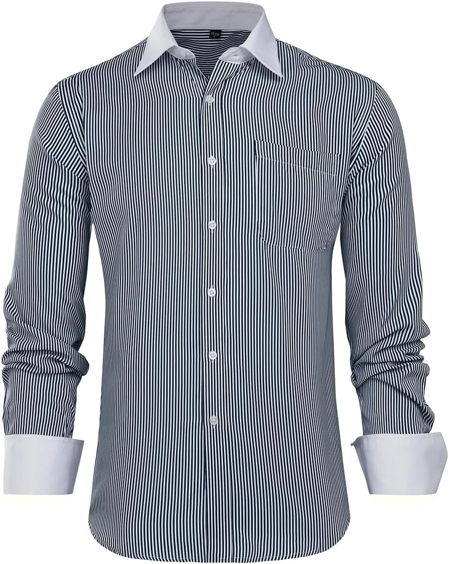 Cloudstyle Men's Dress Shirt Slim Fit Button Down Stripe Checked Shirt