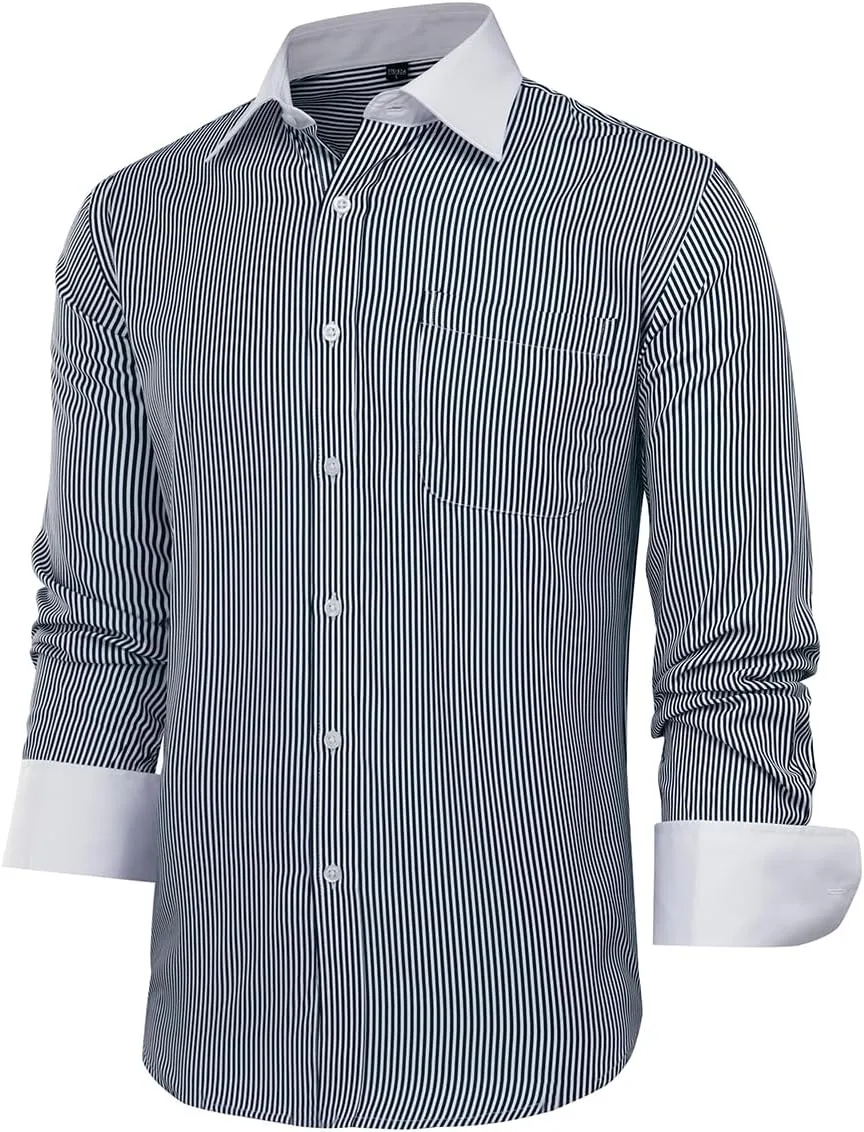 Cloudstyle Men's Dress Shirt Slim Fit Button Down Stripe Checked Shirt