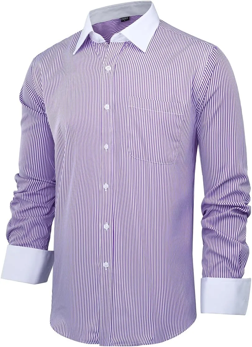 Cloudstyle Men's Dress Shirt Slim Fit Button Down Stripe Checked Shirt