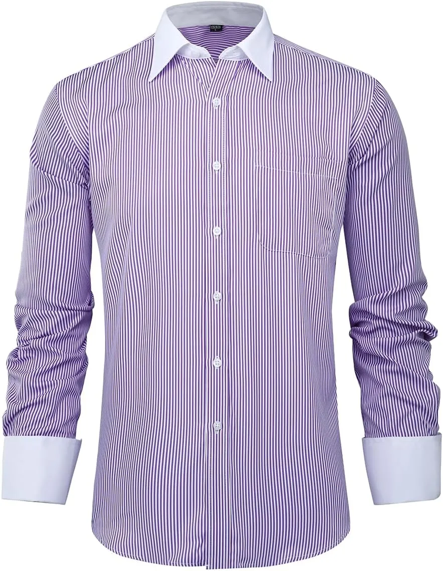 Cloudstyle Men's Dress Shirt Slim Fit Button Down Stripe Checked Shirt