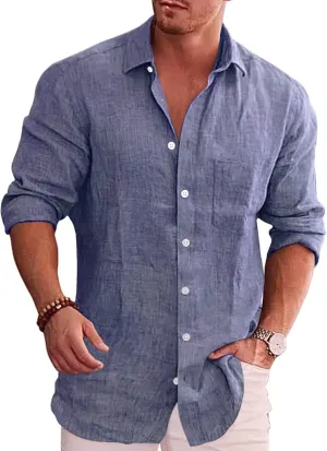 COOFANDY Men's Casual Button Down Shirt Long Sleeve Linen Chambray Shirt