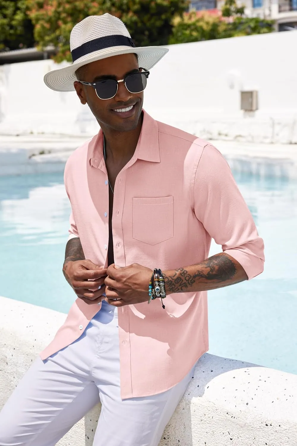 COOFANDY Men's Casual Button Down Shirt Long Sleeve Linen Chambray Shirt
