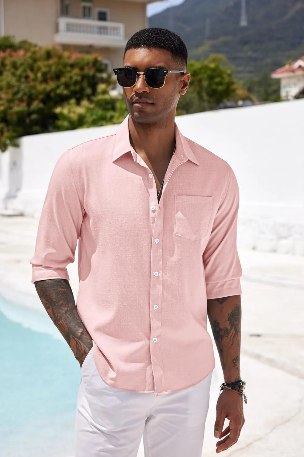 COOFANDY Men's Casual Button Down Shirt Long Sleeve Linen Chambray Shirt