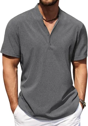 COOFANDY Men's Casual Henley Shirt Short Sleeve Band Collar Shirt Summer Beach Hippie Vacation T Shirt with Button