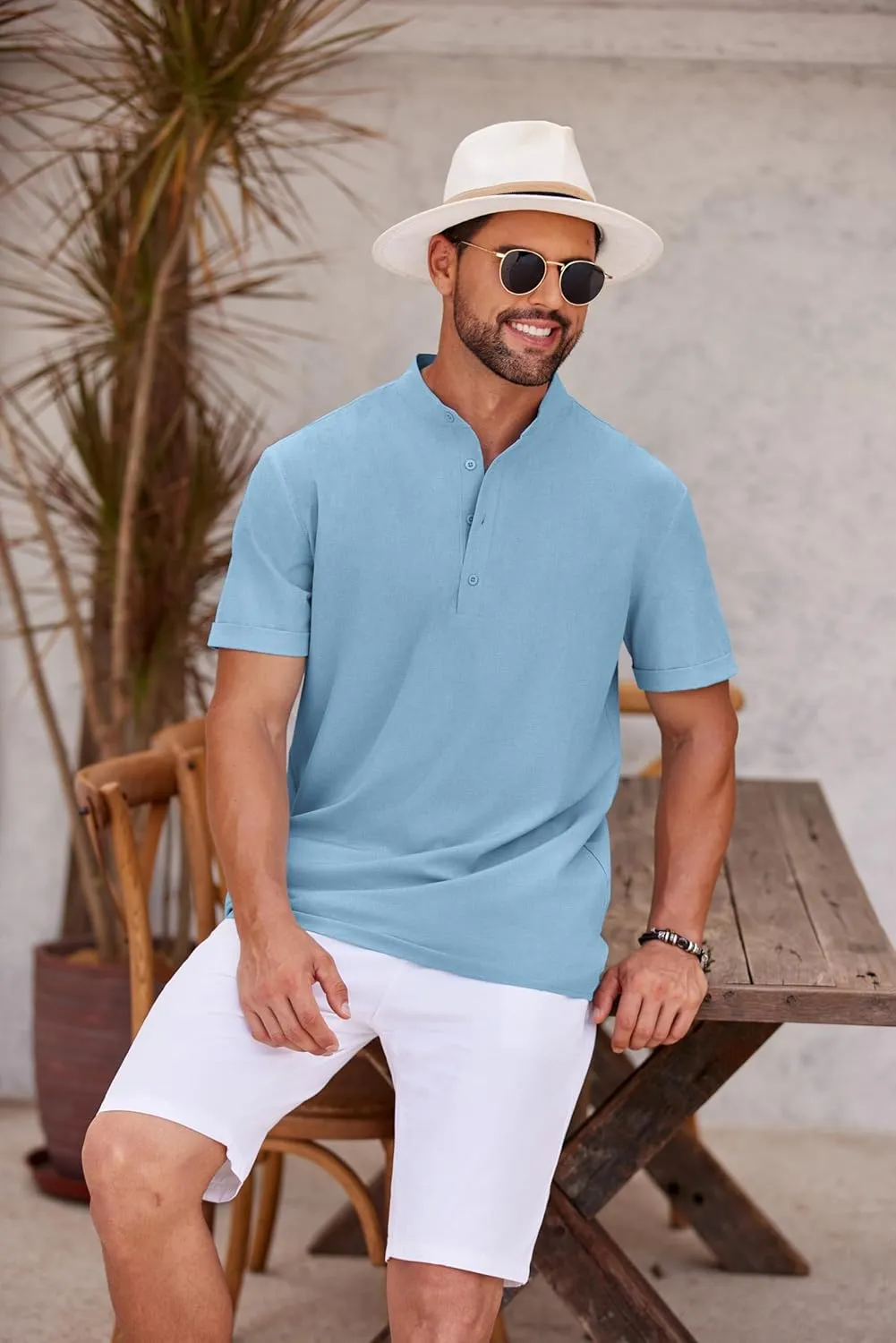 COOFANDY Men's Casual Henley Shirt Short Sleeve Band Collar Shirt Summer Beach Hippie Vacation T Shirt with Button