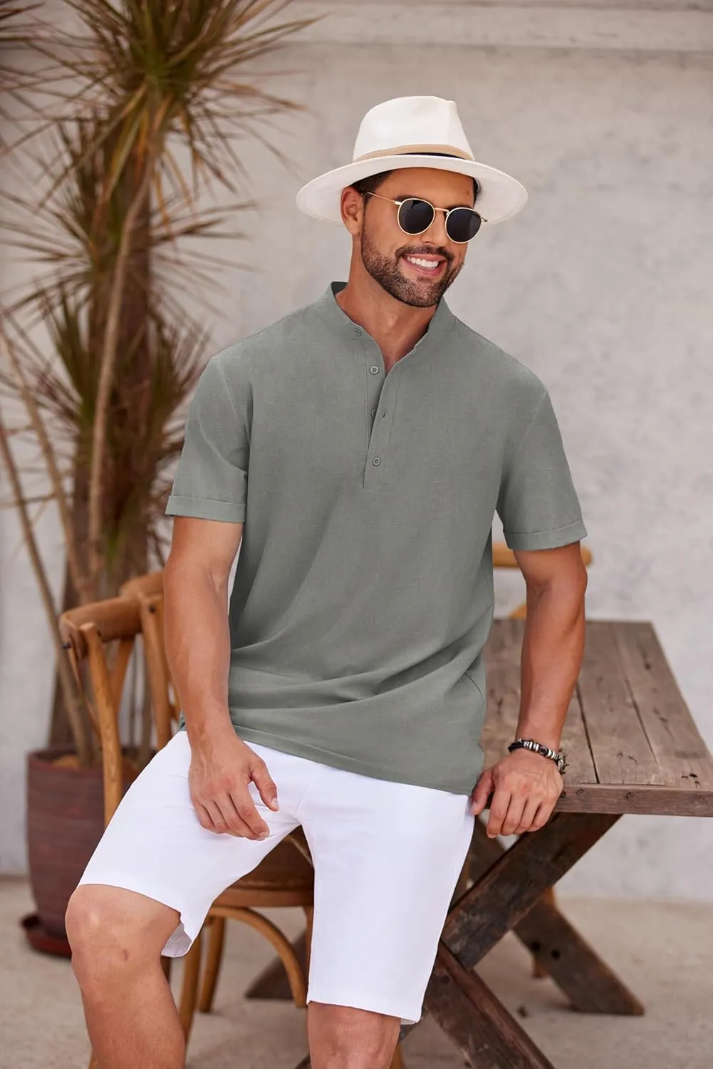 COOFANDY Men's Casual Henley Shirt Short Sleeve Band Collar Shirt Summer Beach Hippie Vacation T Shirt with Button