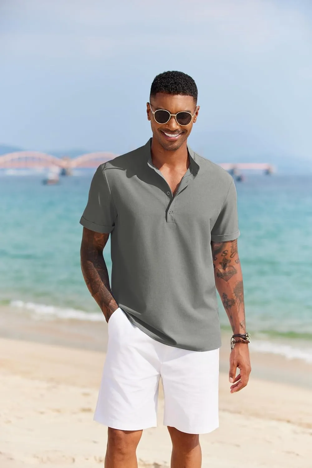 COOFANDY Men's Casual Henley Shirt Short Sleeve Band Collar Shirt Summer Beach Hippie Vacation T Shirt with Button