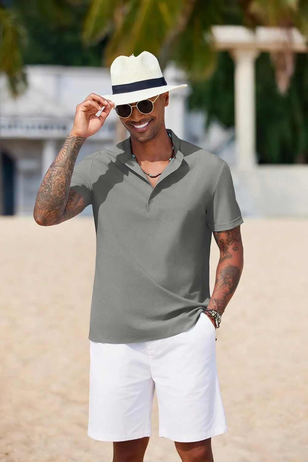 COOFANDY Men's Casual Henley Shirt Short Sleeve Band Collar Shirt Summer Beach Hippie Vacation T Shirt with Button