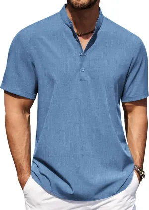 COOFANDY Men's Casual Henley Shirt Short Sleeve Band Collar Shirt Summer Beach Hippie Vacation T Shirt with Button