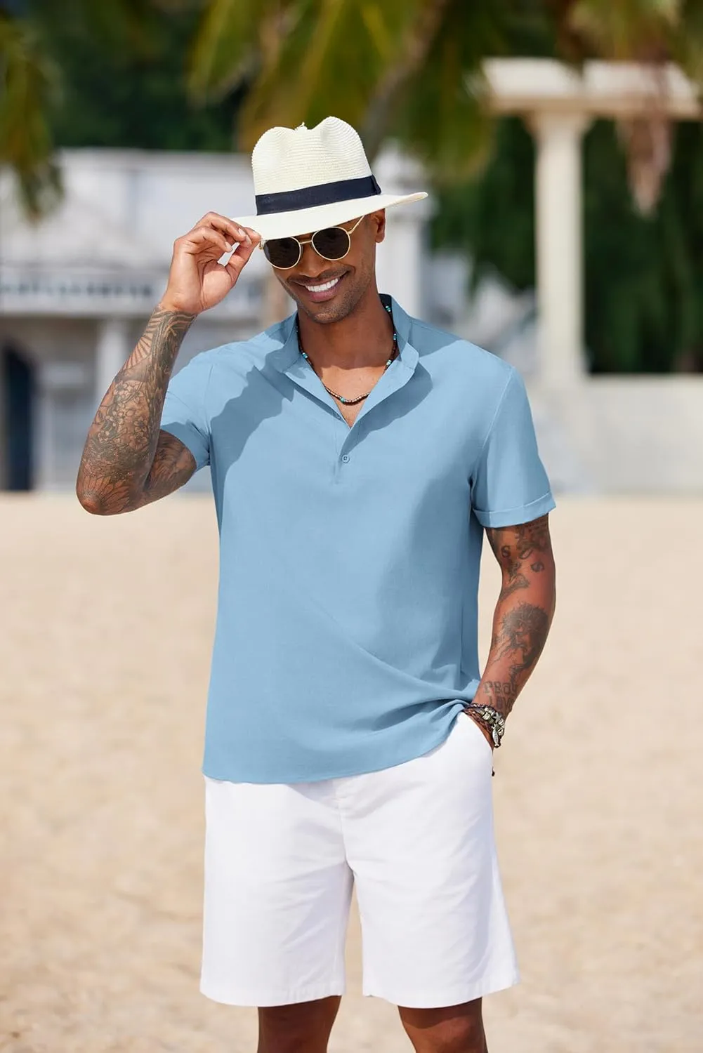 COOFANDY Men's Casual Henley Shirt Short Sleeve Band Collar Shirt Summer Beach Hippie Vacation T Shirt with Button