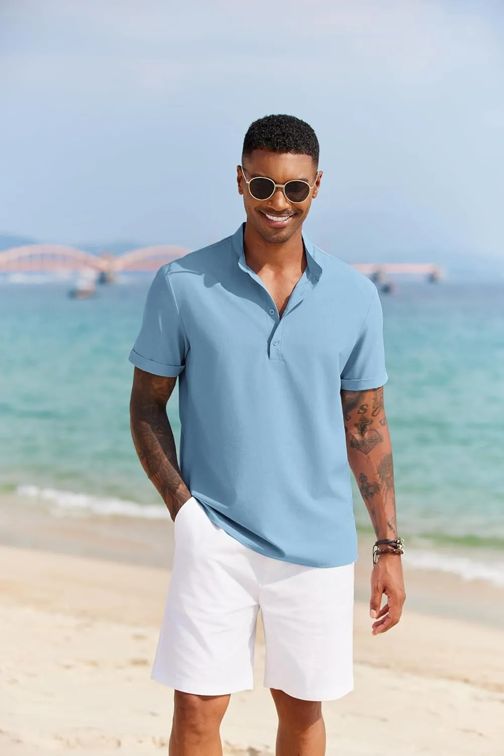 COOFANDY Men's Casual Henley Shirt Short Sleeve Band Collar Shirt Summer Beach Hippie Vacation T Shirt with Button
