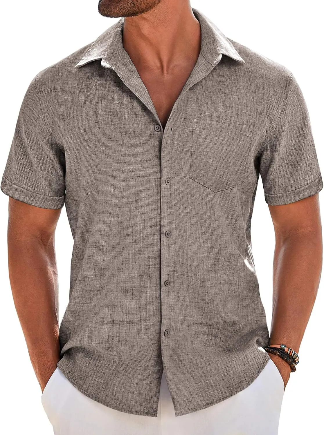 COOFANDY Men's Short Sleeve Button Down Shirt Casual Linen Shirts Summer Beach Vacation Shirt with Pocket