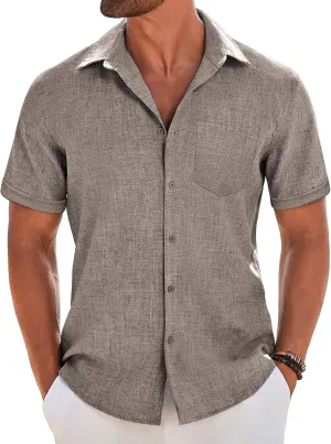COOFANDY Men's Short Sleeve Button Down Shirt Casual Linen Shirts Summer Beach Vacation Shirt with Pocket