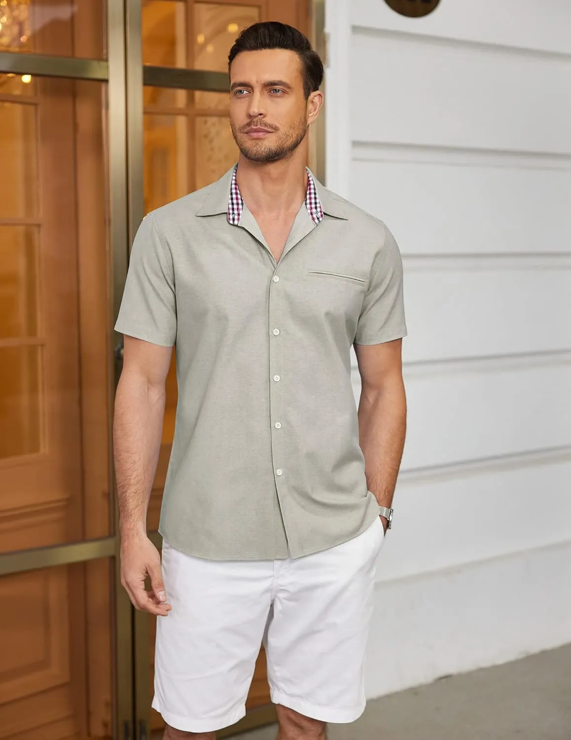COOFANDY Men's Short Sleeve Oxford Dress Shirt Chambray Button Down Work Shirt Casual Plaid Collar Shirts