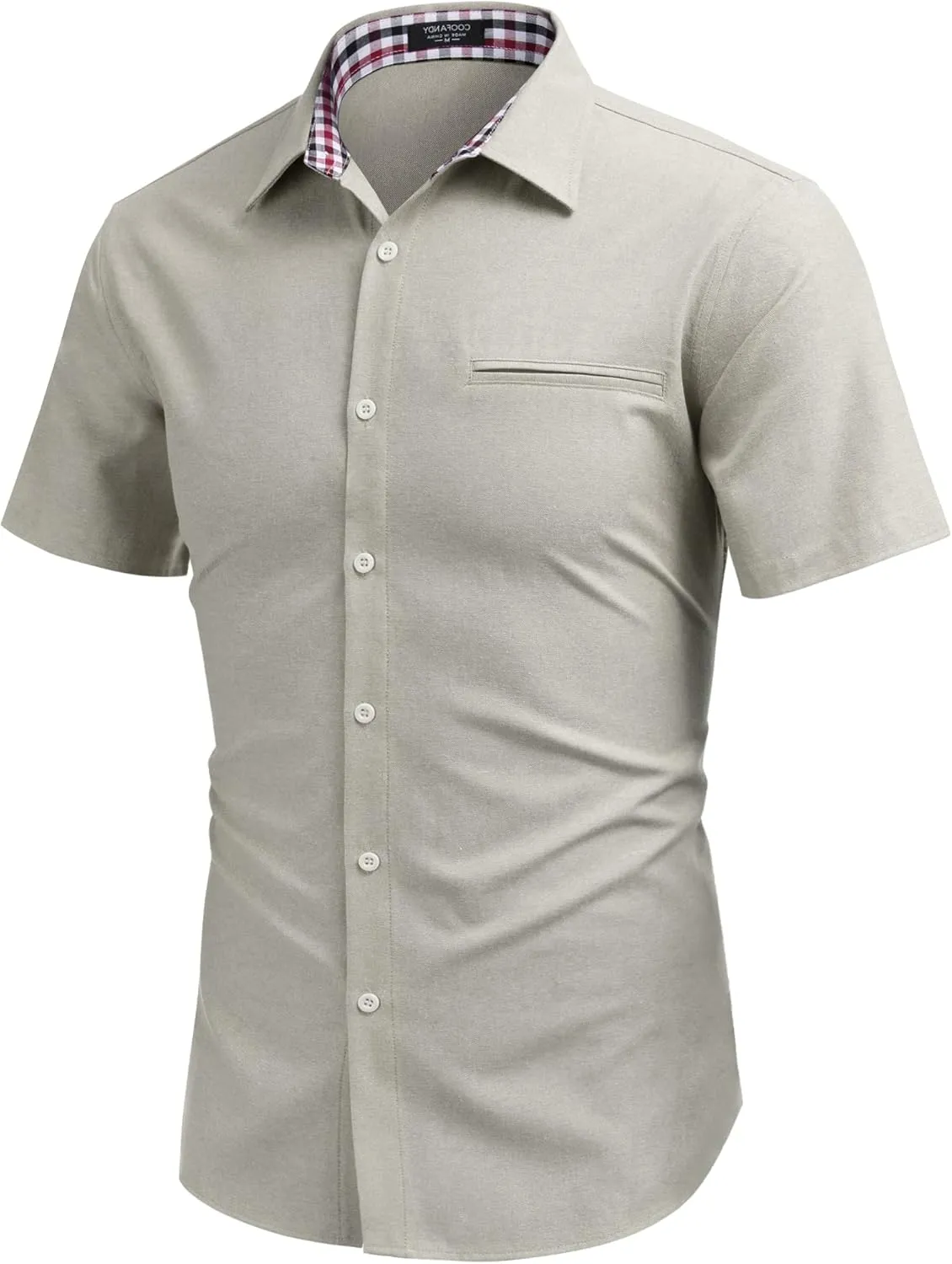 COOFANDY Men's Short Sleeve Oxford Dress Shirt Chambray Button Down Work Shirt Casual Plaid Collar Shirts