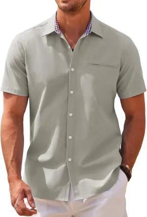 COOFANDY Men's Short Sleeve Oxford Dress Shirt Chambray Button Down Work Shirt Casual Plaid Collar Shirts