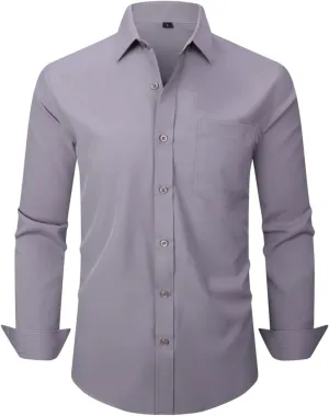 corfty Men Long Sleeve Dress Shirt - Regular Fit Stretch Free-Wrinkle Casual Button Down Shirt
