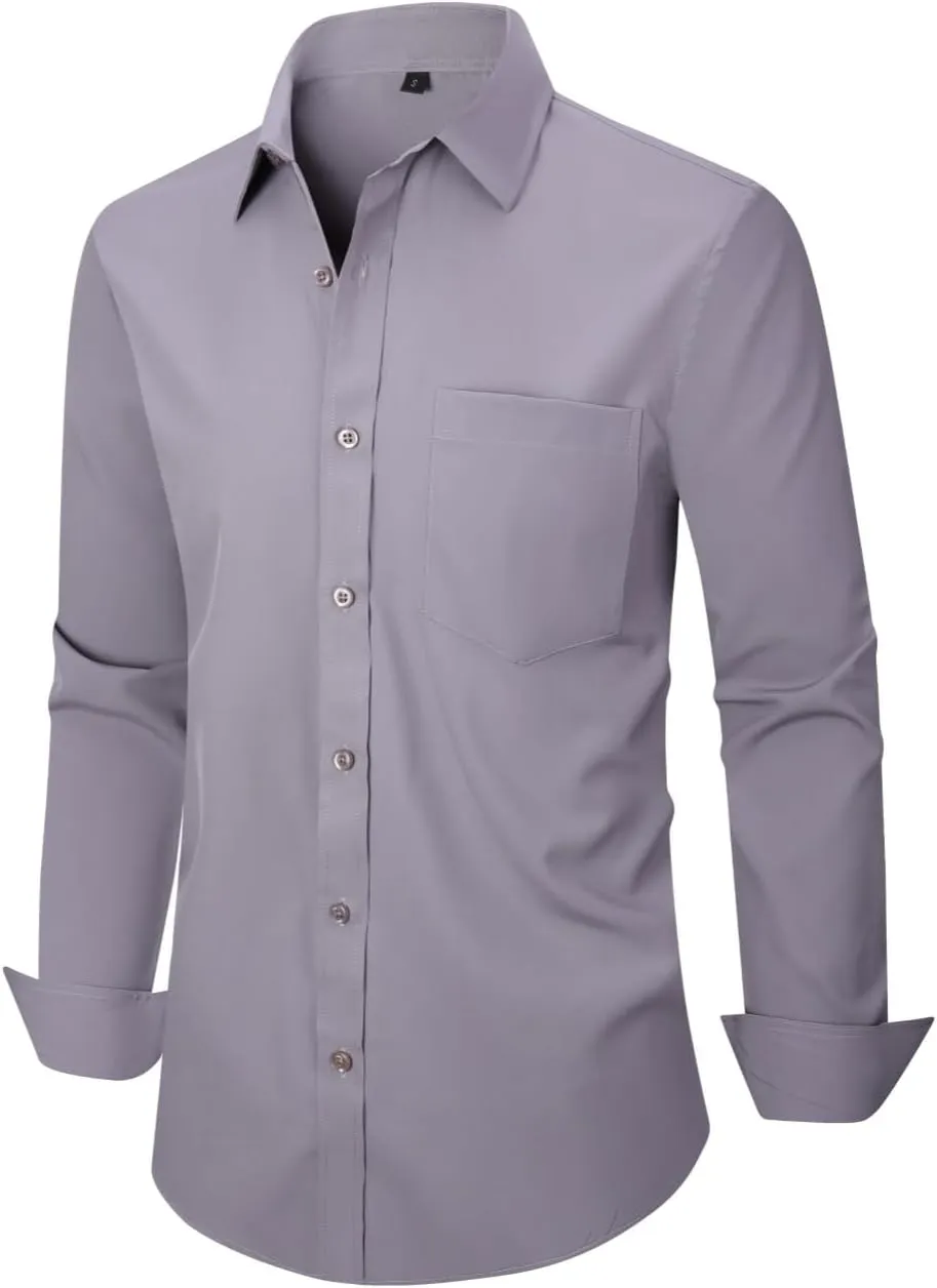 corfty Men Long Sleeve Dress Shirt - Regular Fit Stretch Free-Wrinkle Casual Button Down Shirt