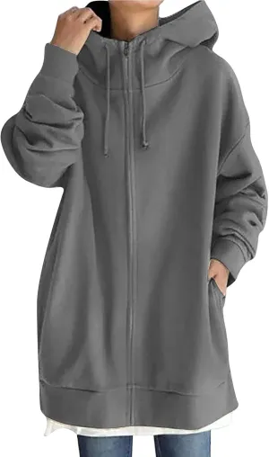 COTECRAM Women's Zip Up Hoodies Oversized Long Sleeve Fall Hooded Sweatshirts Casual Long Fleece Jacket Coats with Pockets
