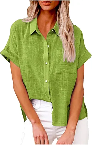 Cotton Linen Button Down Shirts for Women Collared Short Sleeve Work Blouse Trendy Loose Fit Summer Tops with Pocket